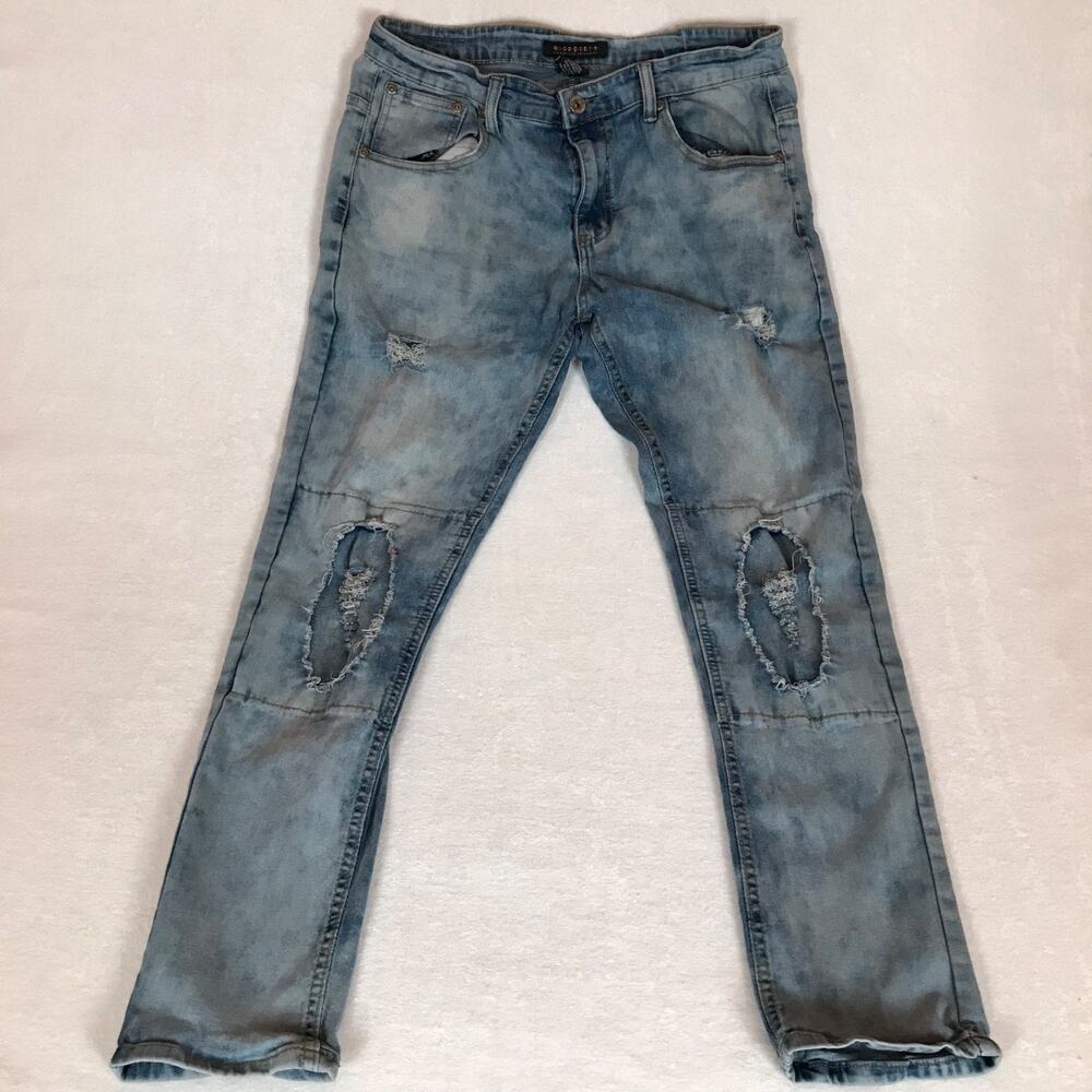 M. Society Distressed Ripped Knee Patch Grunge Slim Blue Streetwear Jeans 36x32